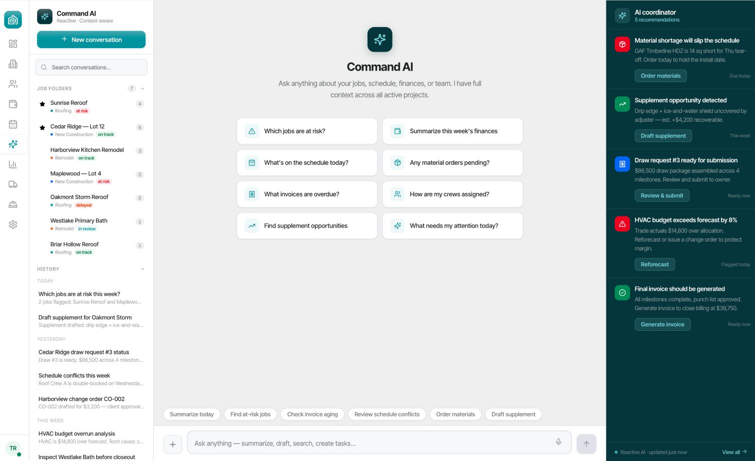 Construct AI — project intelligence dashboard with the top risk surfaced