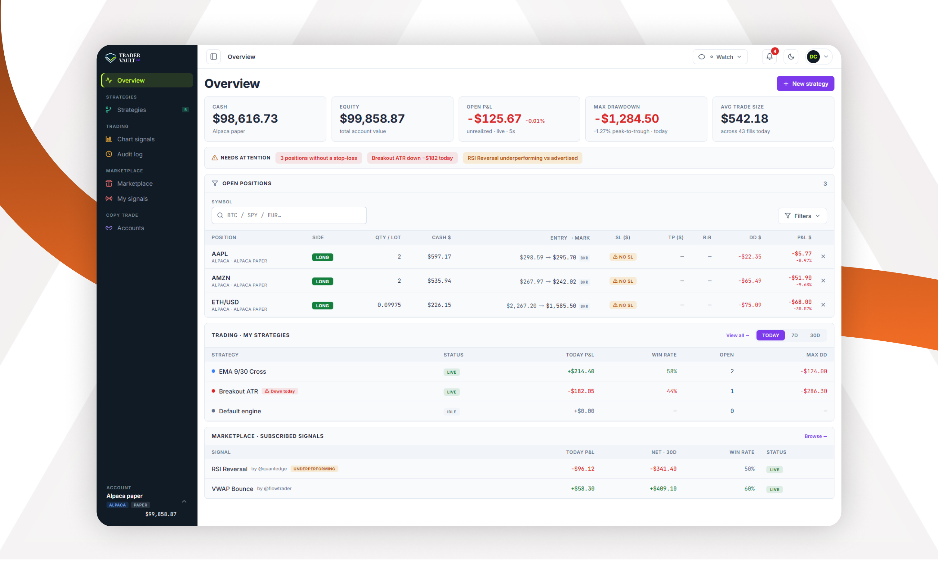 TraderVault LM — main dashboard with pattern surfacing