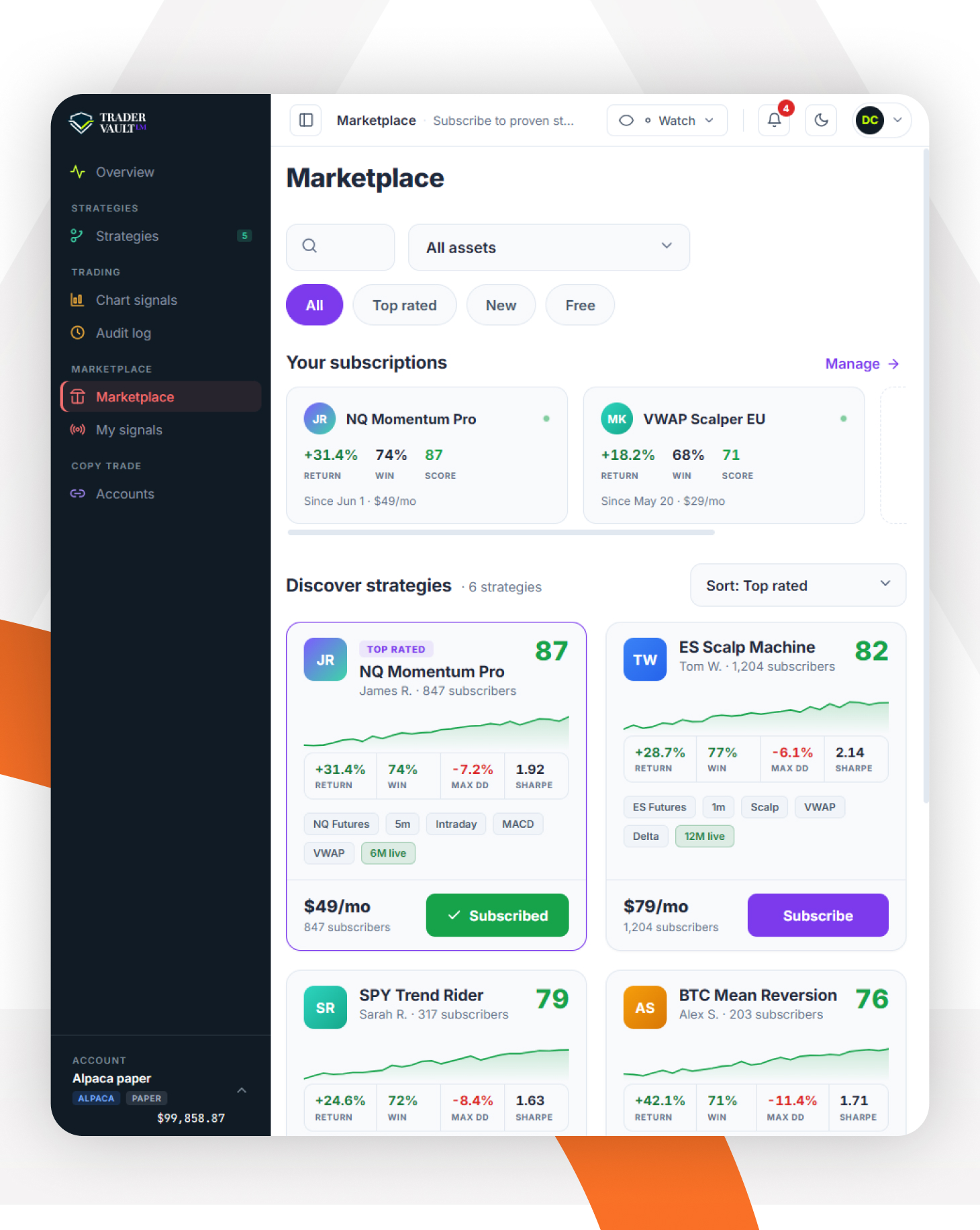 TraderVault LM — trade setup card with probability read