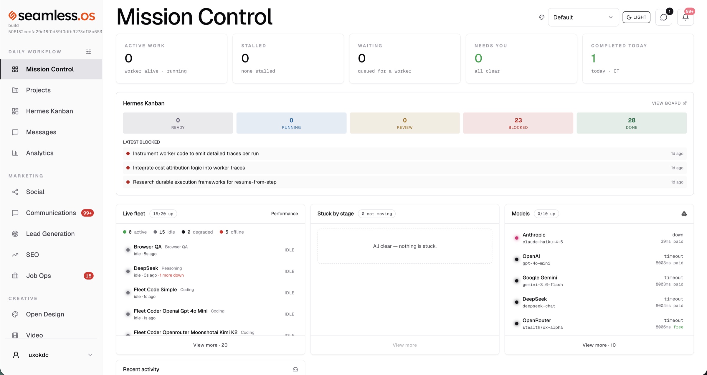 Seamless Agent OS — Mission Control: active work, Hermes Kanban, live fleet, and model health in one view