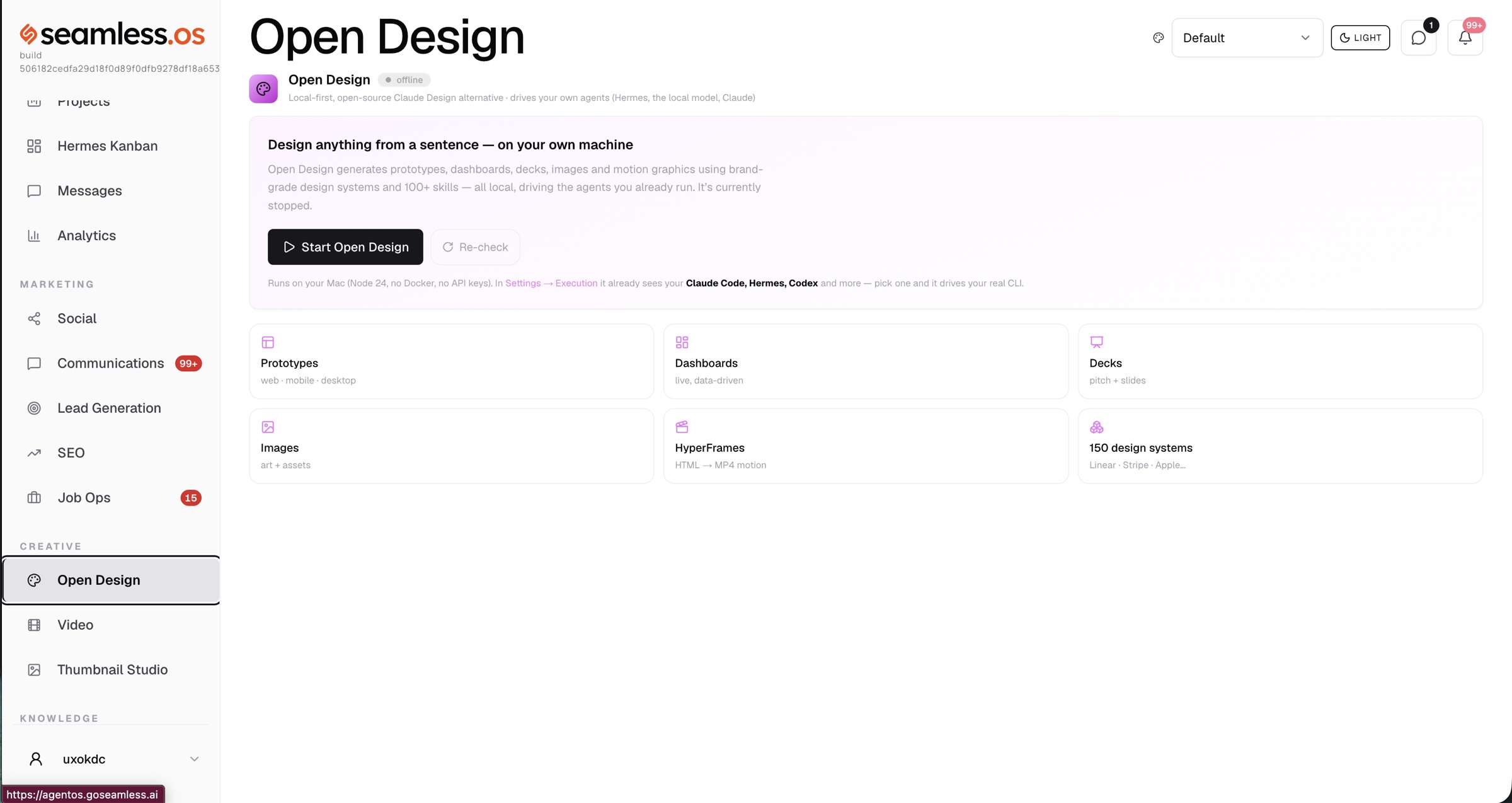 Seamless Agent OS — Open Design surface generating prototypes, dashboards, decks, images, and motion from a sentence