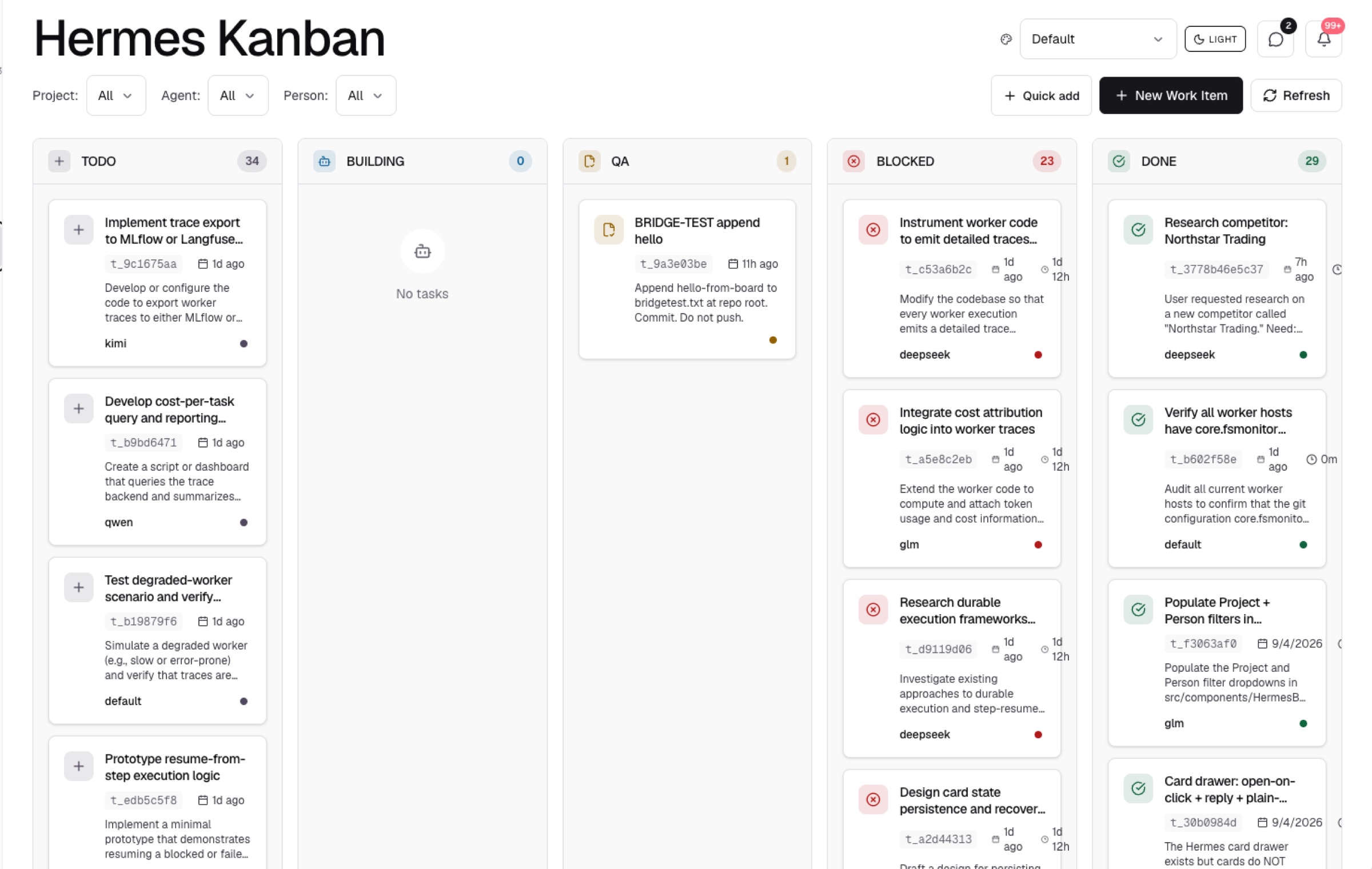 Seamless Agent OS — Hermes Kanban board with Todo, Building, QA, Blocked, and Done lanes and evidence-carrying work cards