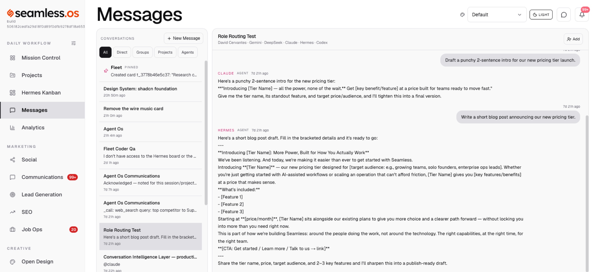Seamless Agent OS — a multi-agent conversation where the operator directs Claude, Hermes, and other workers in one thread
