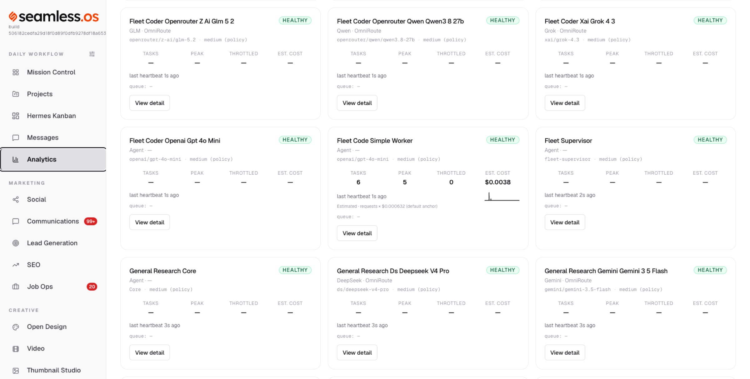 Seamless Agent OS — worker fleet health with per-worker model, routing policy, throughput, and estimated cost