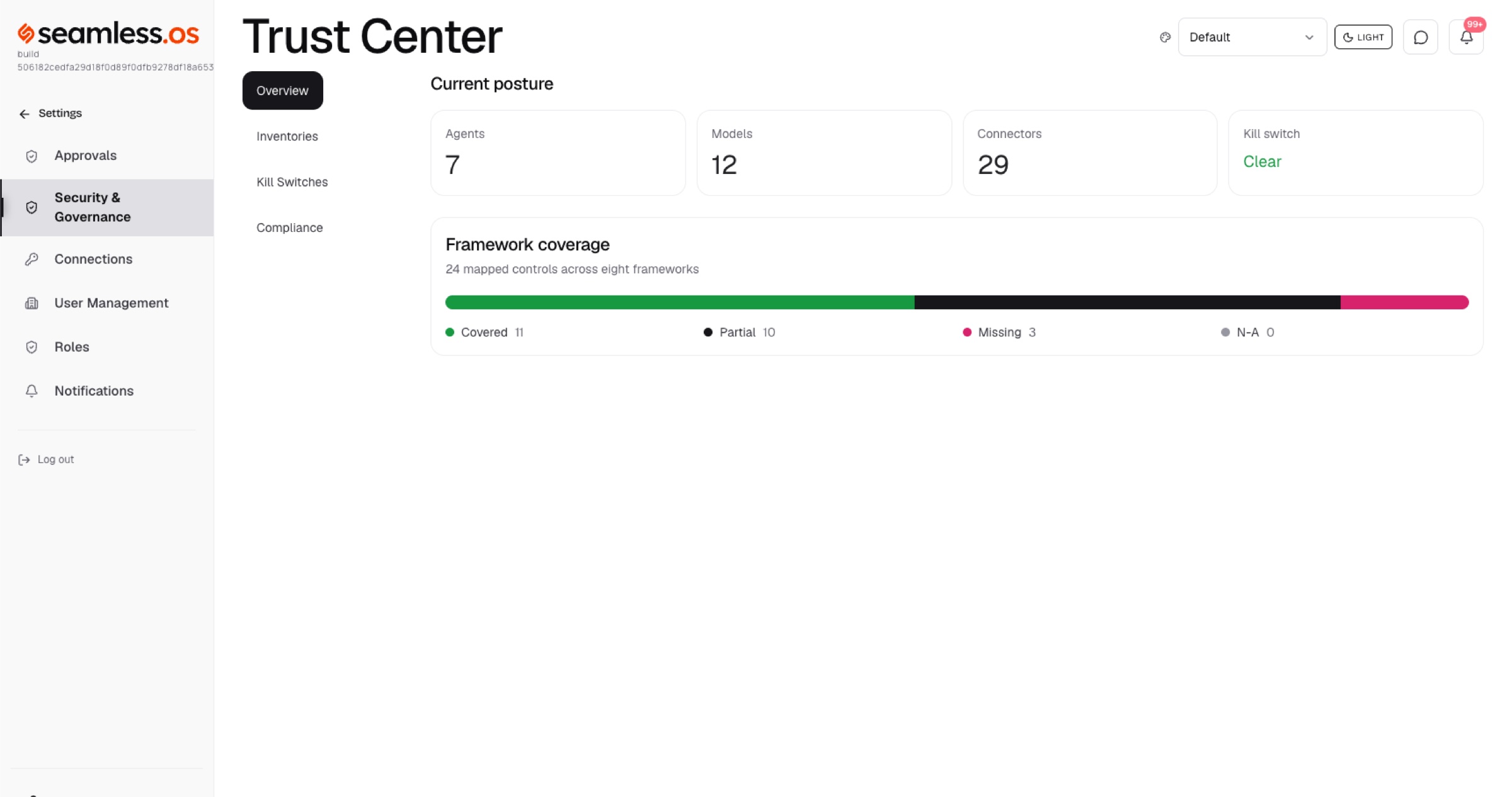 Seamless Agent OS — Trust Center showing agents, models, connectors, kill-switch status, and framework coverage