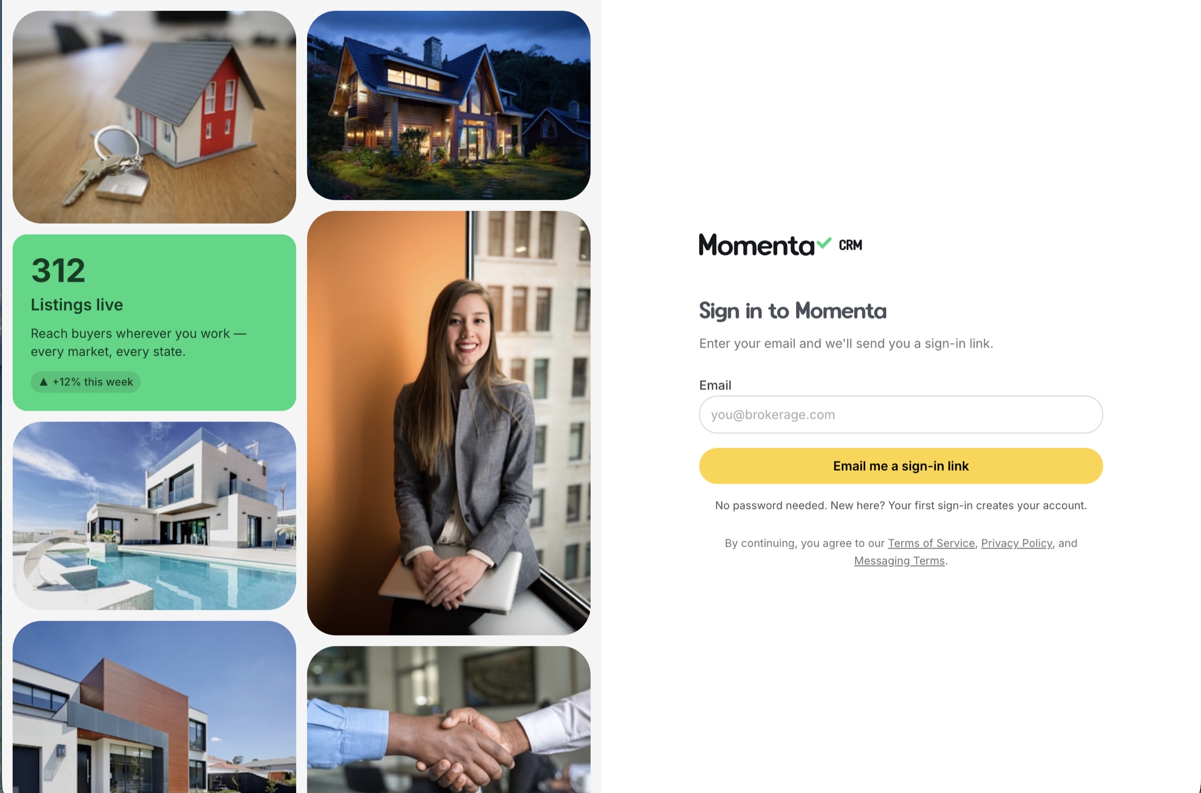 Momenta CRM sign-in — a passwordless magic-link screen beside a collage of homes and agents; enter an email and receive a sign-in link, with the first sign-in creating the account