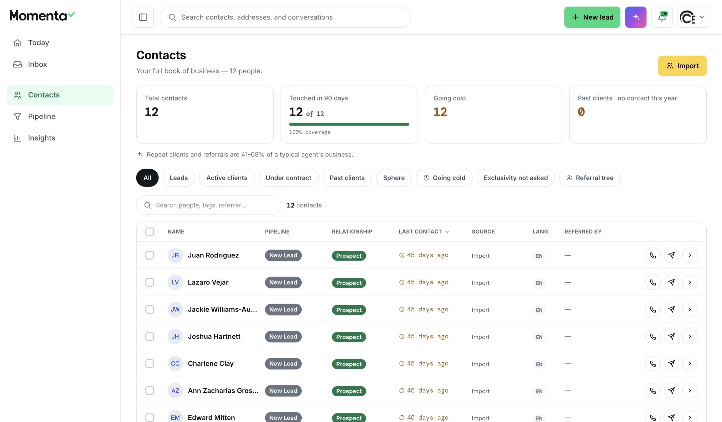 Momenta CRM contacts — the full book of business with pipeline stage, relationship, last contact, source, language, and referral source, filterable by leads, active clients, past clients, sphere, and going cold
