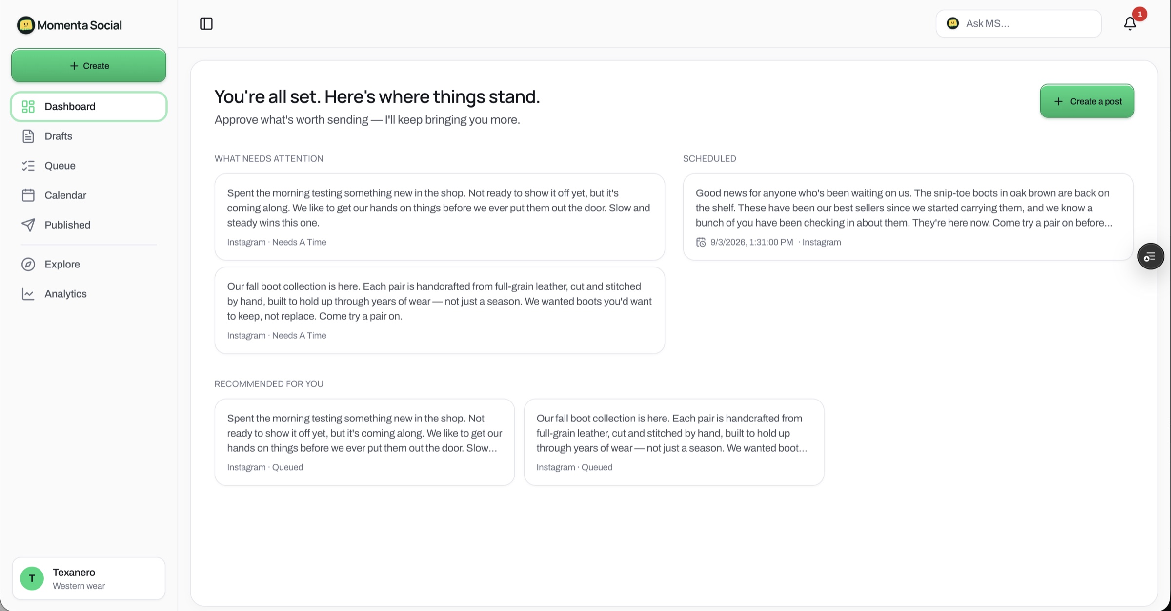M Social dashboard — a decision feed showing what needs attention, what's scheduled, and what the system recommends