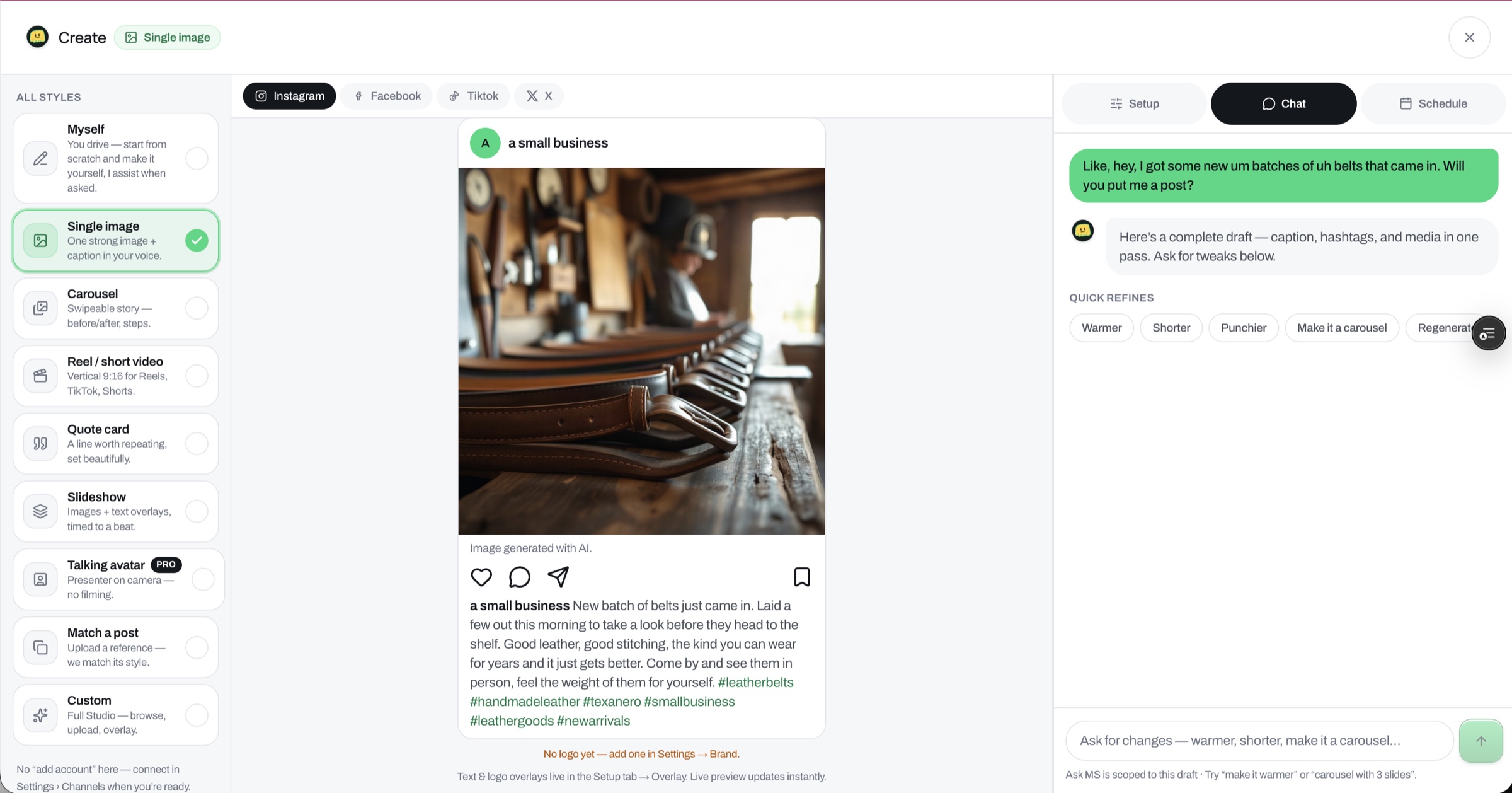 M Social create view — a plain-language request produces a complete draft with caption, hashtags, AI-generated image, and a synthetic-media disclosure