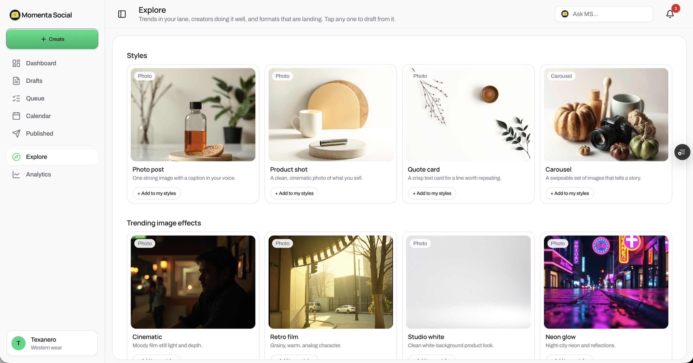 M Social explore — trends in the tenant's lane, styles, and image effects the person can draft from directly