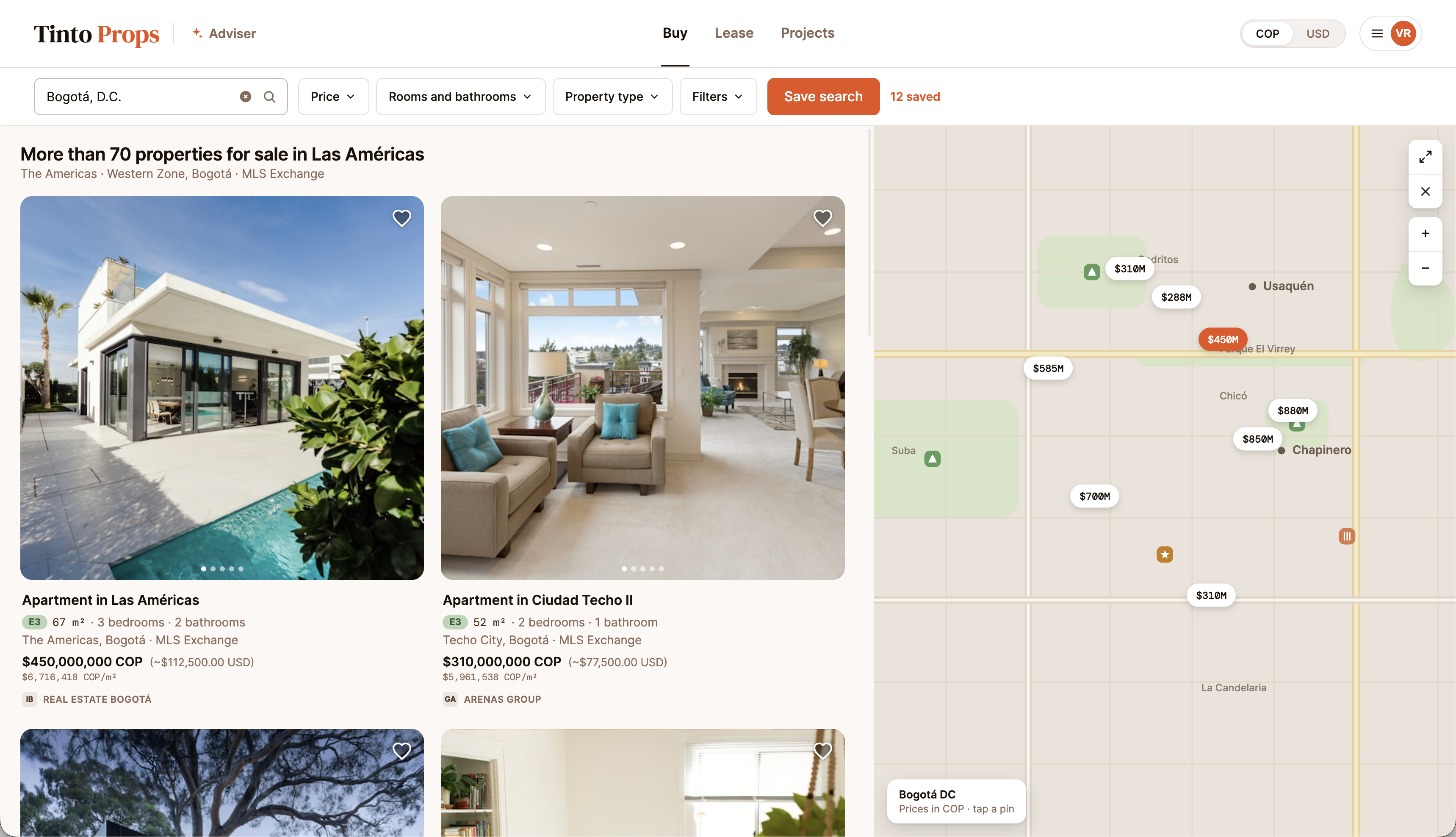 TintoProps map view — properties shown in their local geographic context so buyers can read the area, not just the listing